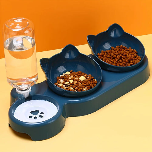 Dark blue 3-in-1 cat feeder set with two bowls, dry food bowl, and water bottle