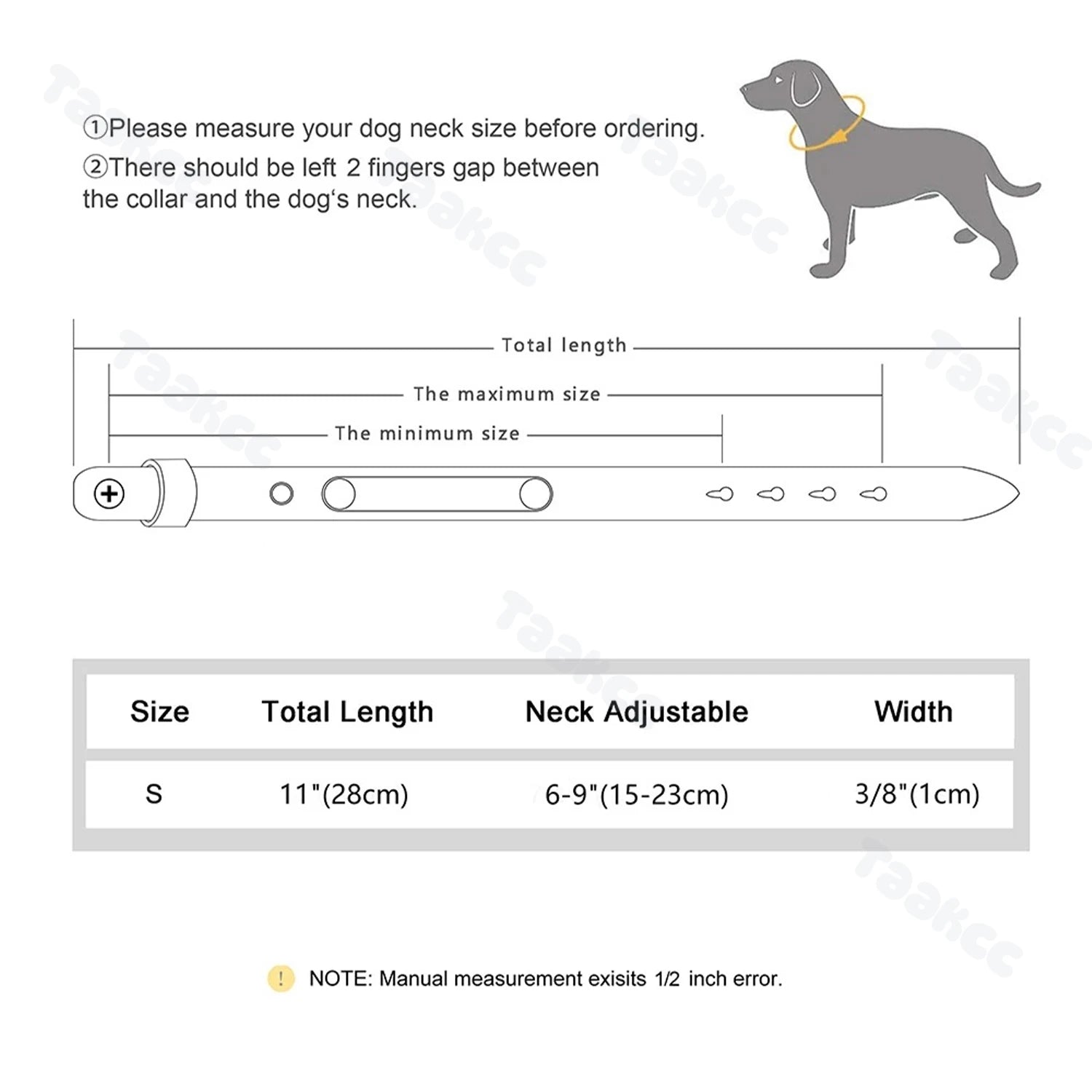 Cat collar size chart diagram with total length, neck adjust, and width