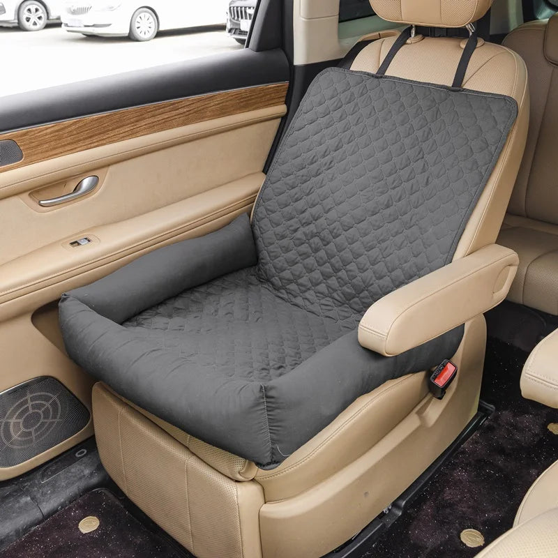 Dog car seat bed, dark gray quilted cover with padded bolsters and side straps
