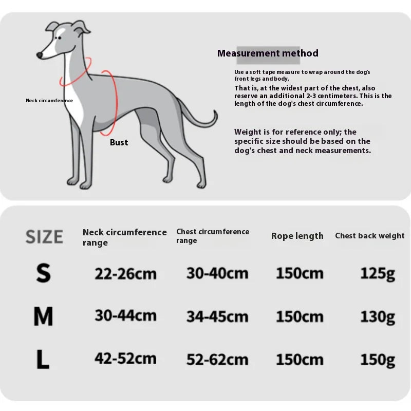 Size chart for dog harness vest and leash set: neck, chest, rope length, weight