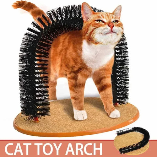 Cat arch self-groomer brush massager with black bristles and round scratching base