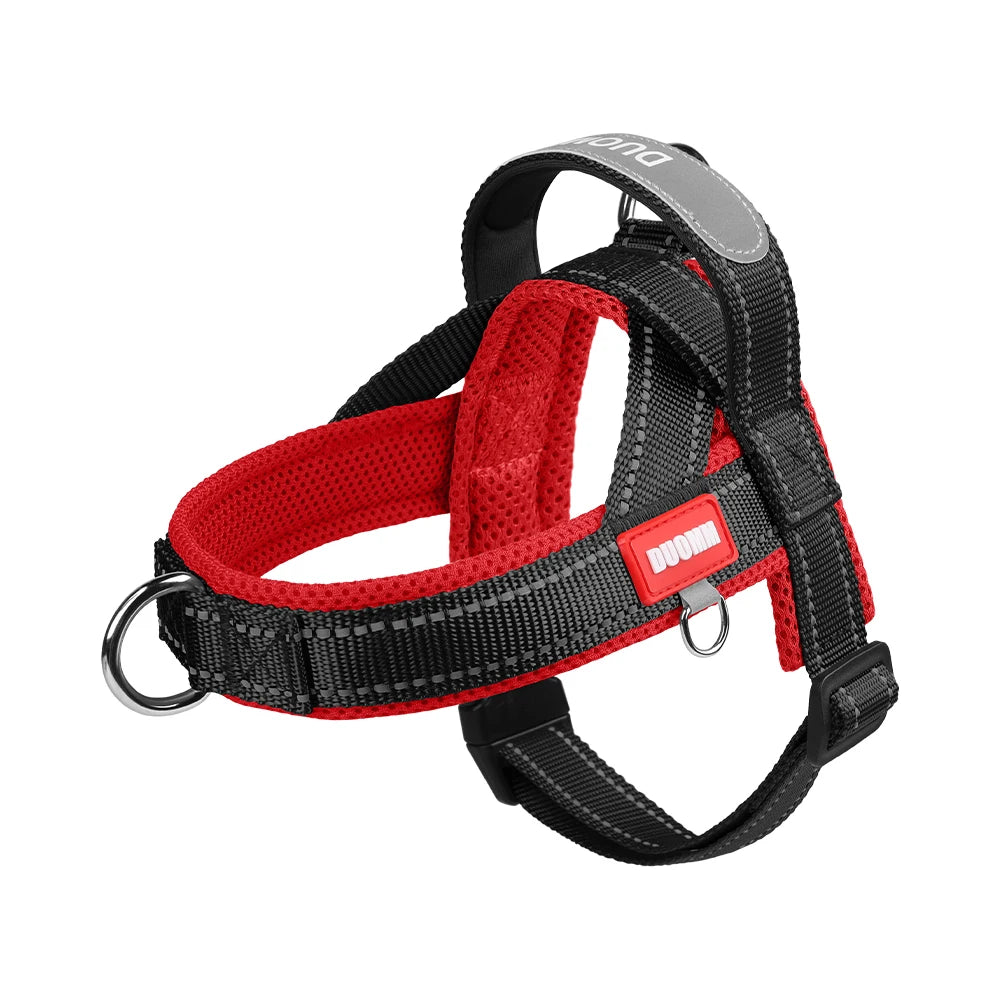 Black and red saddle-type dog chest harness strap with gray top band and metal rings