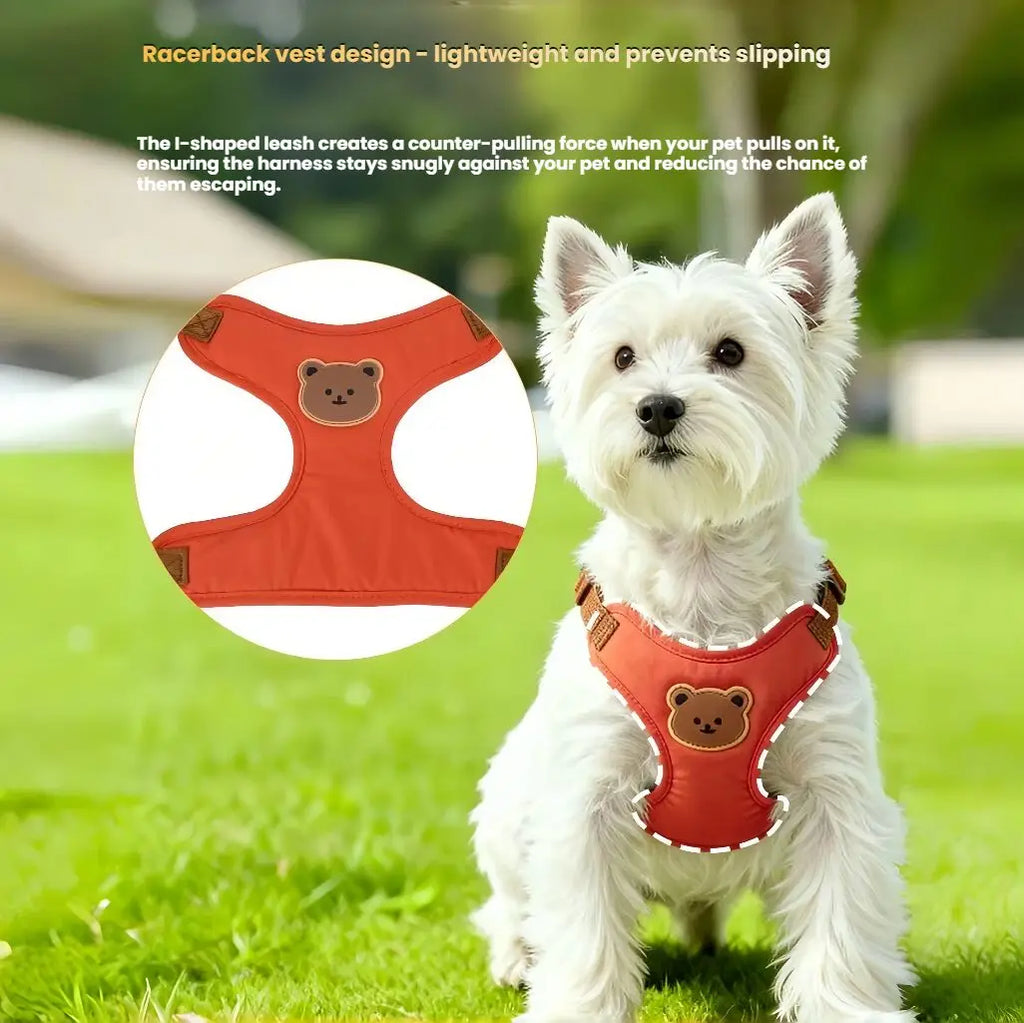 Red breathable dog harness vest with teddy patch on small white dog