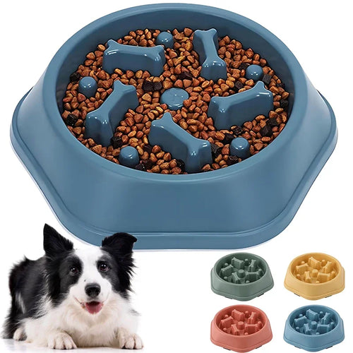 Blue slow feeder dog bowl with bone-shaped puzzle insert and non-slip base