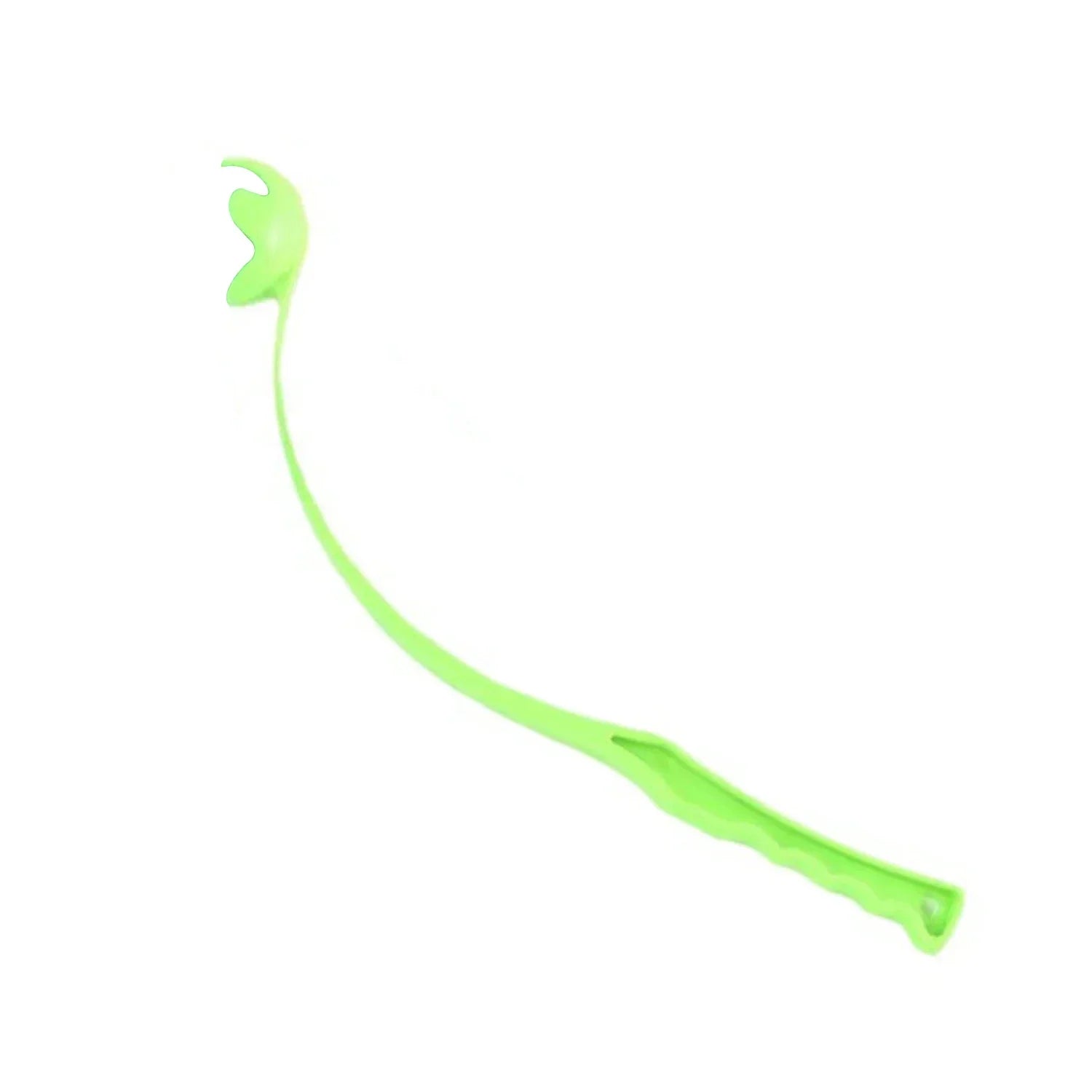 Green outdoor tennis ball launcher rod with ball, curved throwing shaft