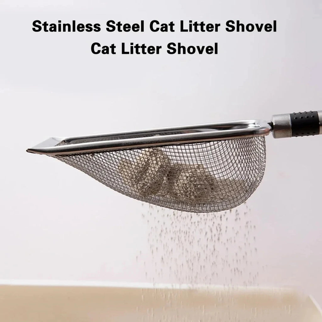 Stainless steel cat litter shovel with mesh screen and black grip handle