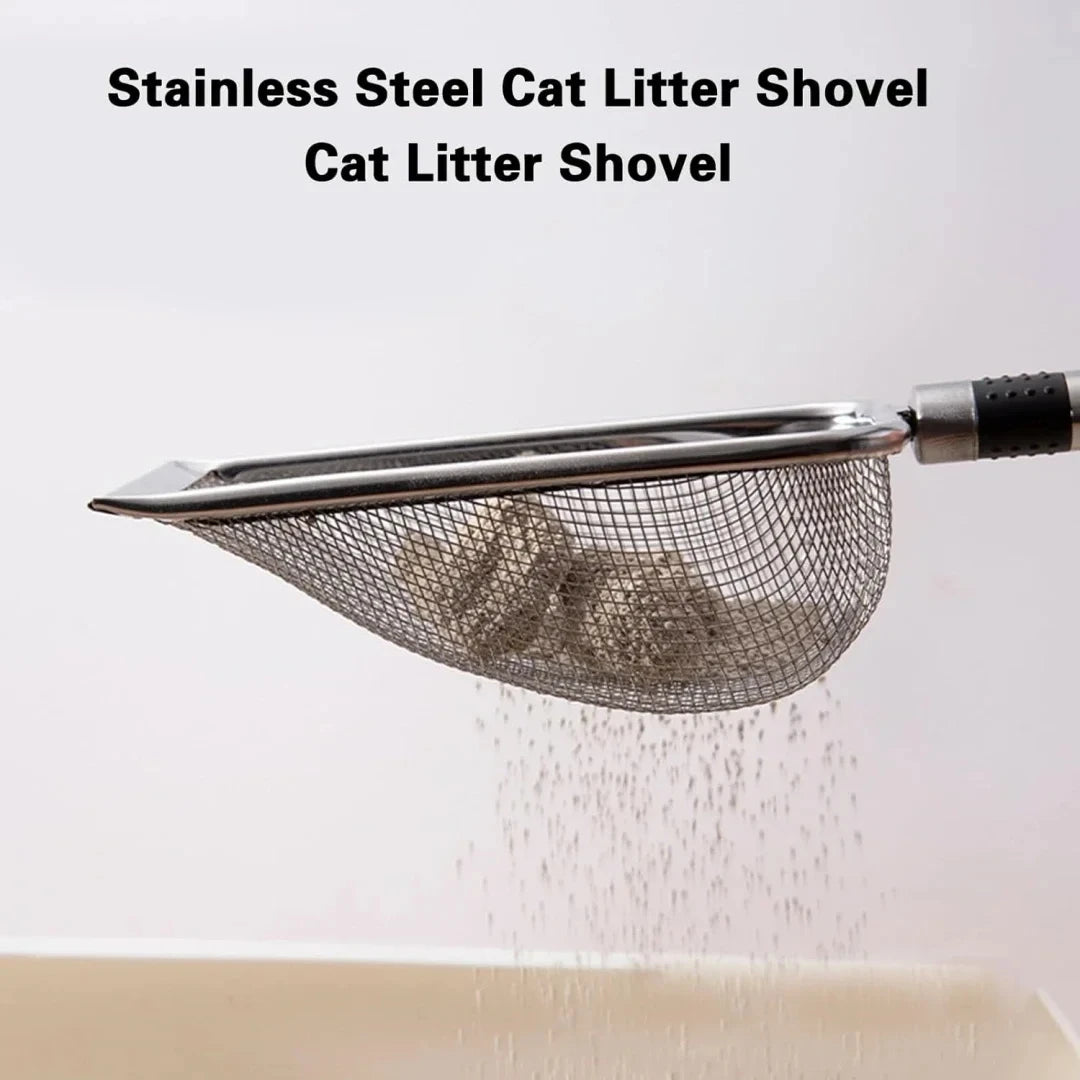 Stainless steel cat litter shovel with mesh screen and black grip handle