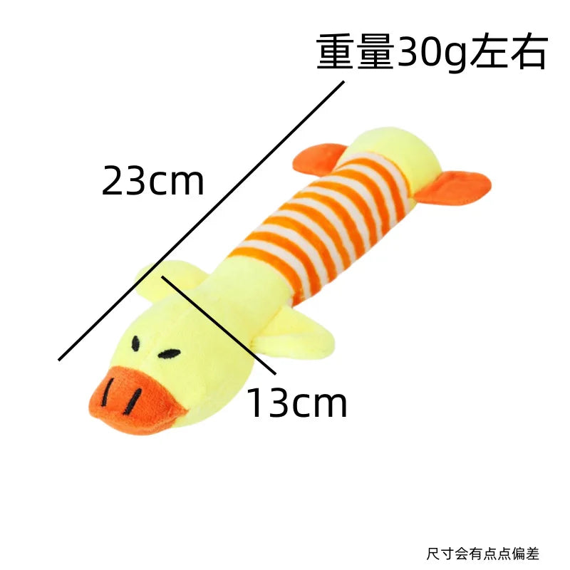 Yellow plush squeaky duck toy with orange-and-white striped body, long flippers