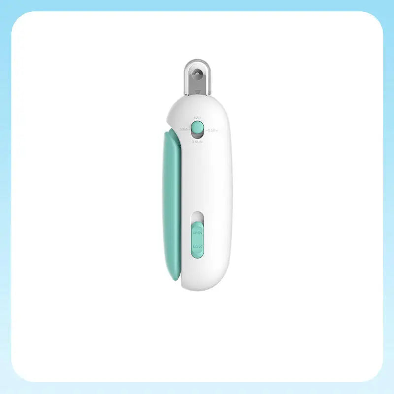 Pet nail trimmer, white body with teal accents and teal button