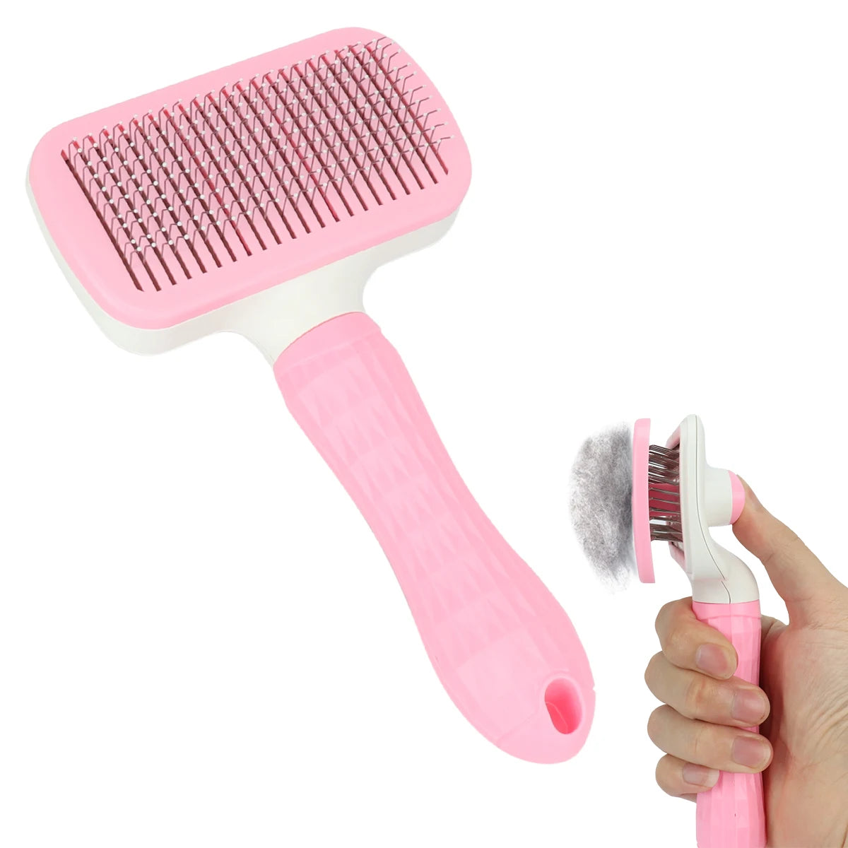 Pink deshedding comb brush with metal pin teeth and textured grip handle
