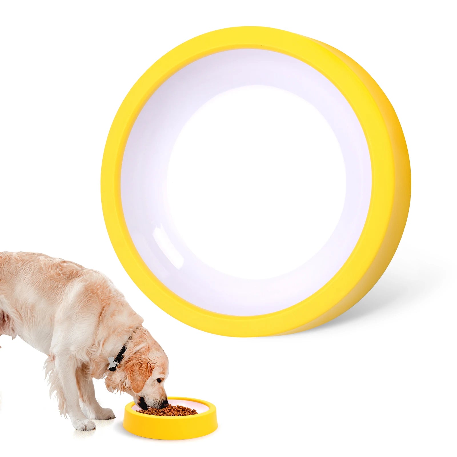 Yellow slow feeder dog bowl with maze pattern, shown with dry kibble