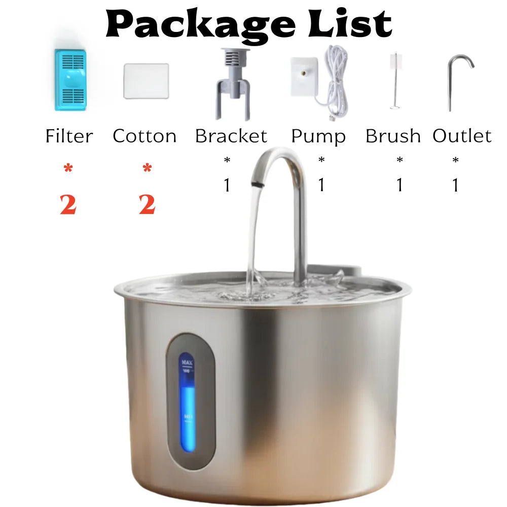Stainless steel cat water fountain with package contents: filter and pump (2 included)