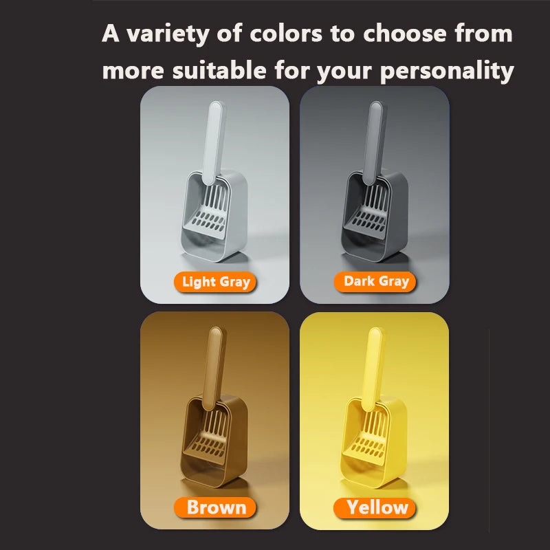 Cat litter scoop color set: light gray, dark gray, brown, yellow, with perforated bases