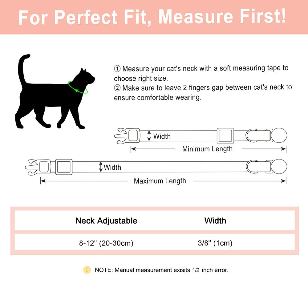 Cat collar sizing guide with width and length measurements for adjustable neck fit