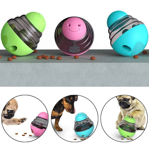 Green and teal interactive treat dispensing balls with clear tops and side openings