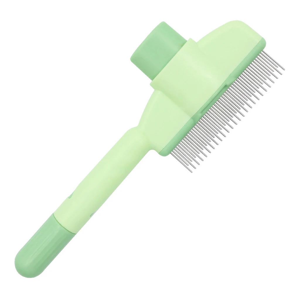 De-shedding pet grooming brush with green handle and stainless-steel teeth