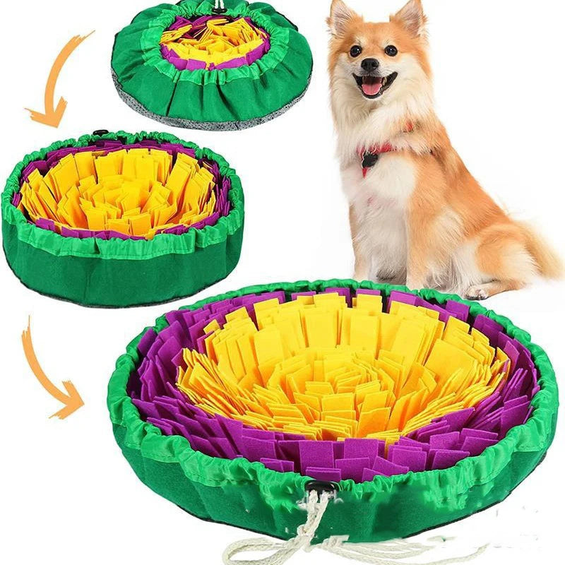 Pet snuffle mat for dogs and cats, round green rim with rainbow foraging strips in inner bowl.
