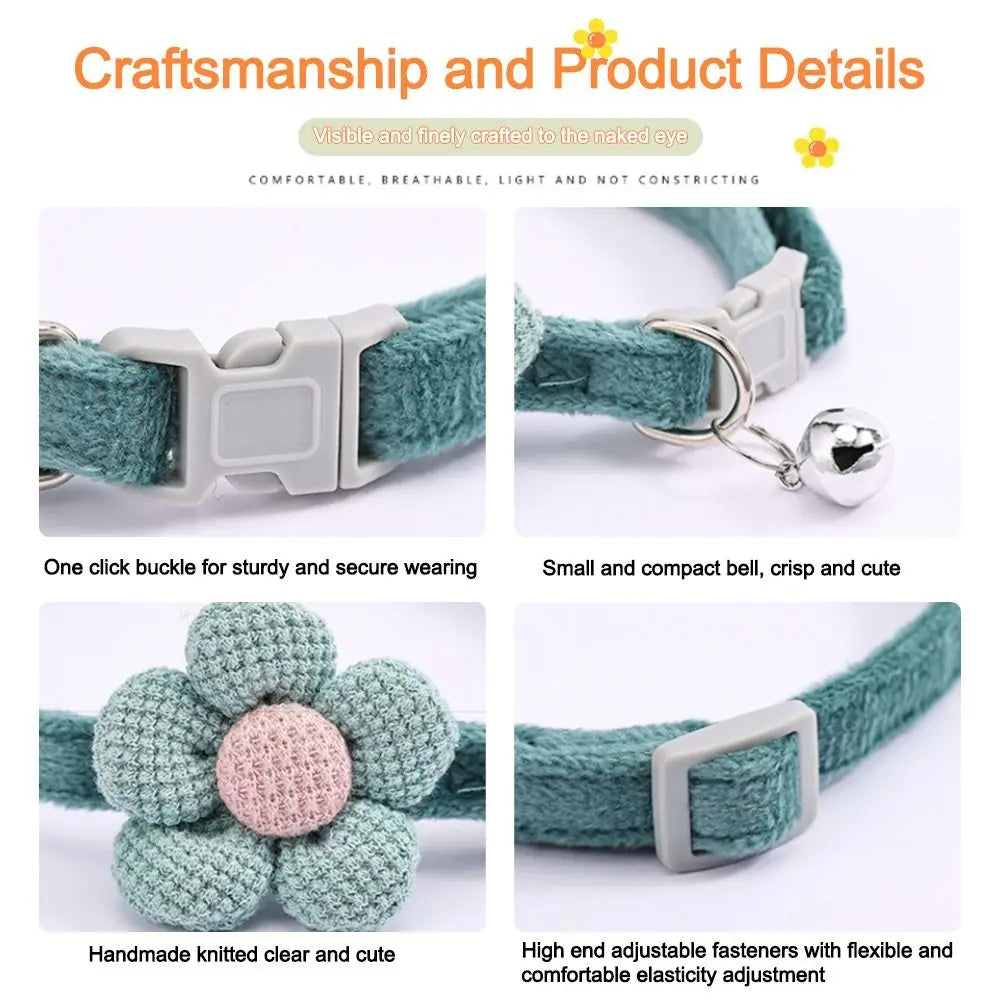 Green knit flower cat collar with adjustable buckle and hanging bell