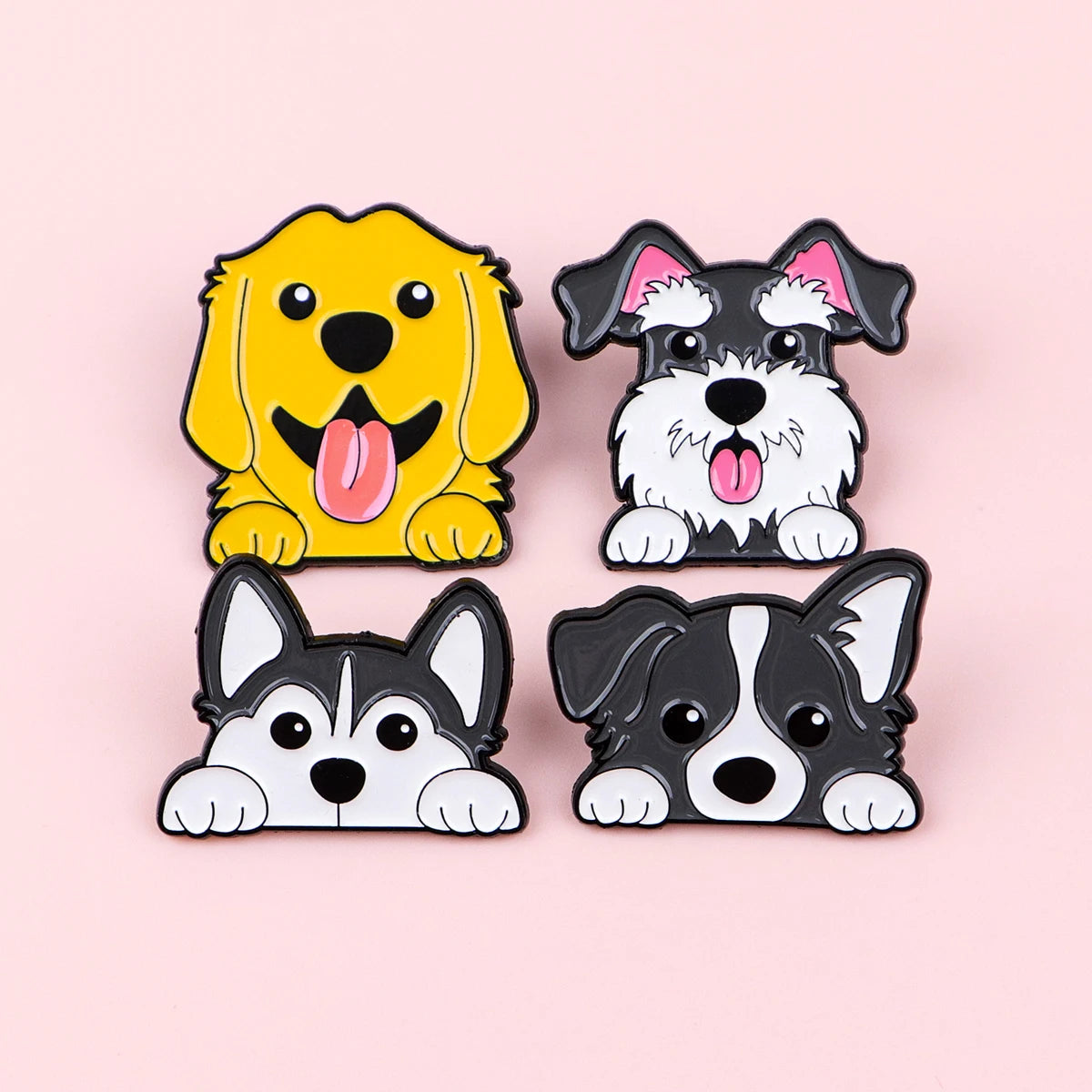 Playful cats & dogs enamel lapel pin set with four cartoon dogs