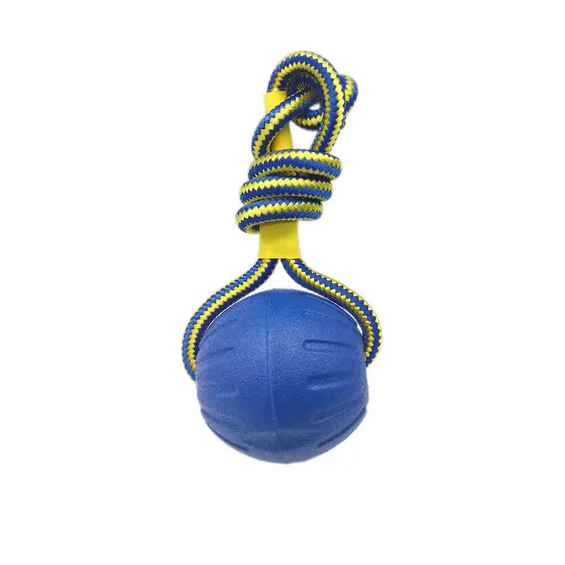 Blue dog chew rope ball toy with yellow-and-blue braided rope loop