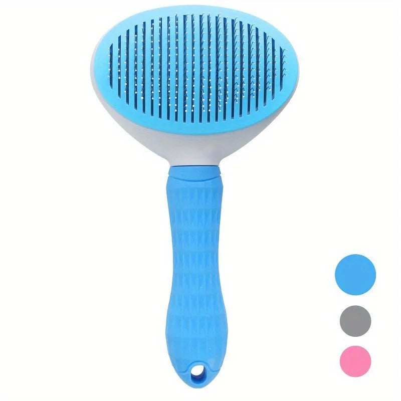 Blue pet slicker grooming brush with oval pin pad and textured grip handle