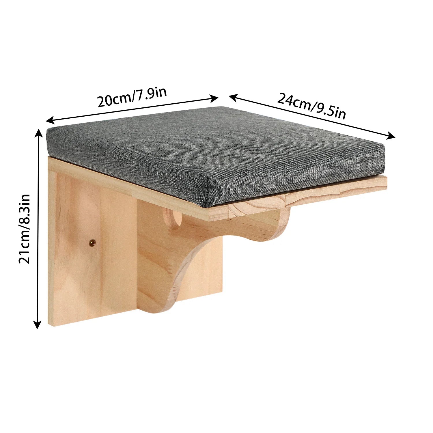 Rectangular wall cat shelf bed with light wood base and dark gray cushion