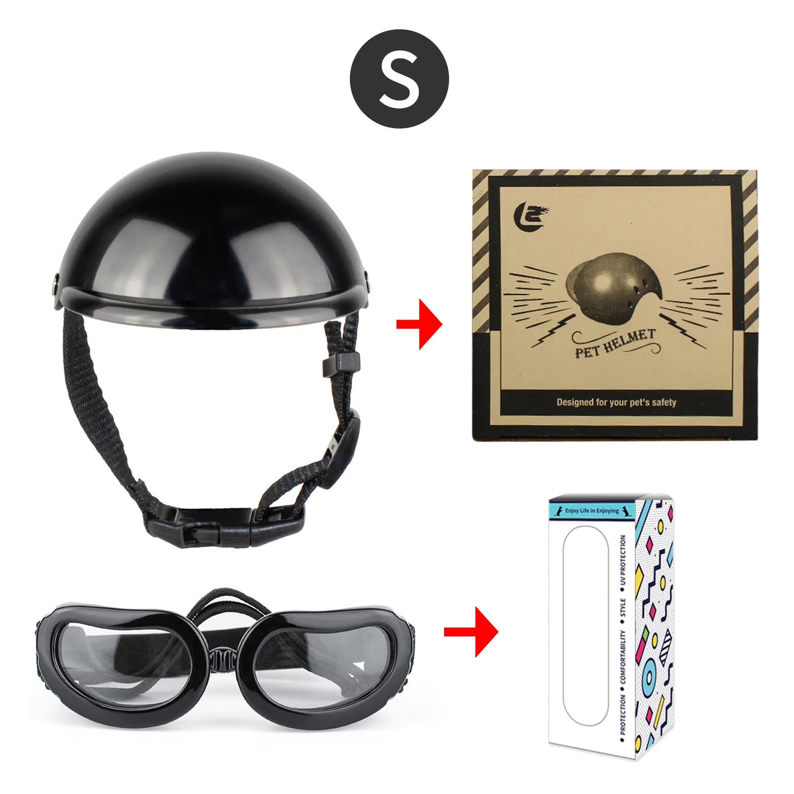 Small pet motorcycle helmet goggles set, black helmet with dark gray sunglasses