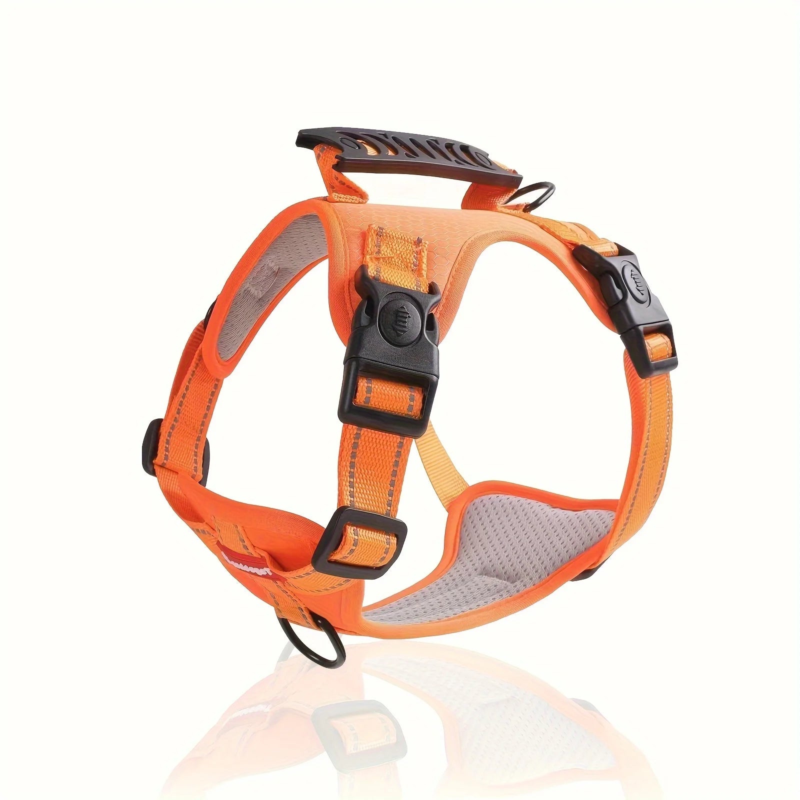 No-pull dog harness with control handle, orange and gray mesh with black buckles