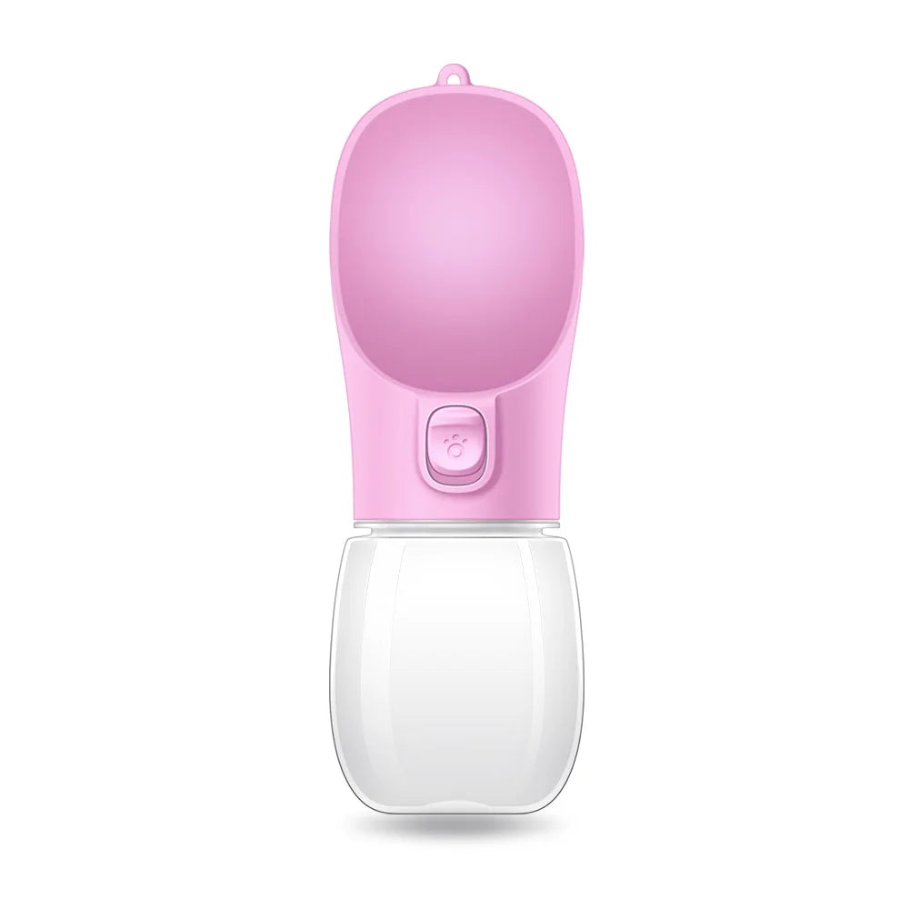 Pink portable leakproof dog water bottle with open lid and one-touch button