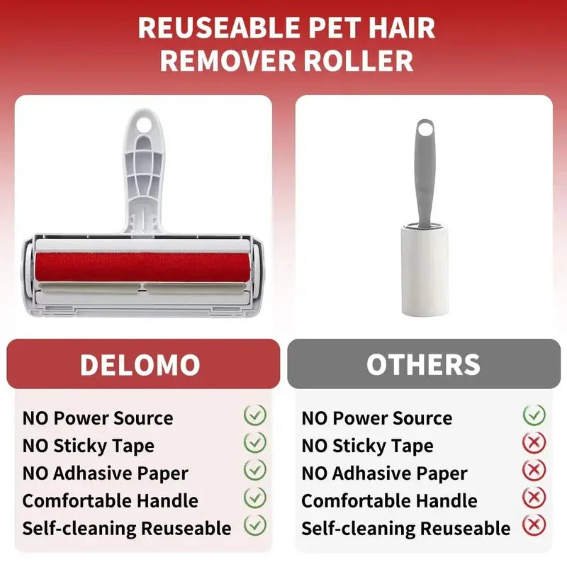 Reusable pet hair remover roller comparison card with red roller head