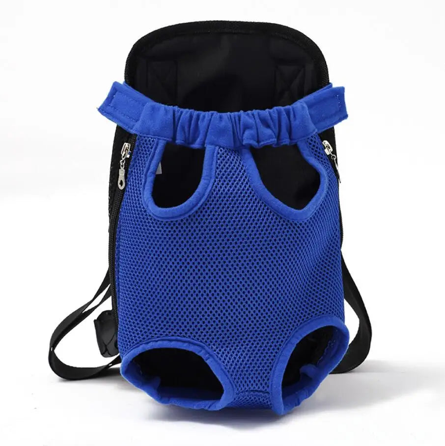 Blue mesh pet backpack with black top and adjustable shoulder straps