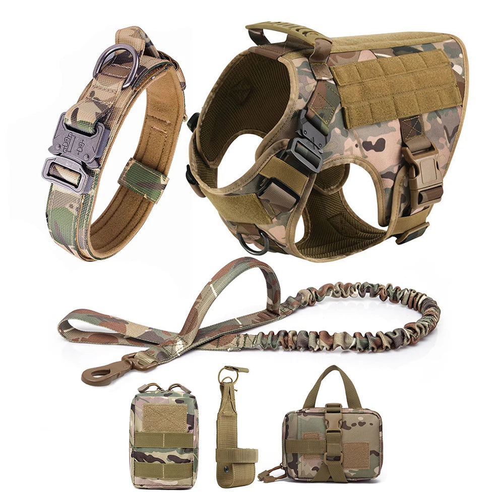 Camouflage dog training vest harness set with leash, small pouch, and collar strap