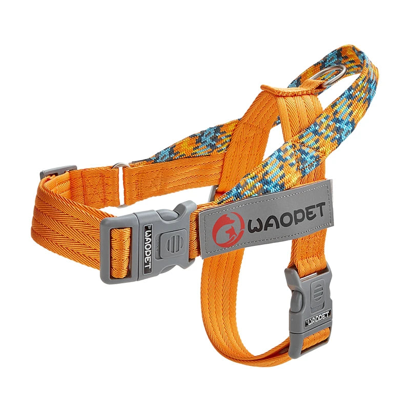 Orange dog chest harness with WAOPET logo, patterned webbing and gray buckles