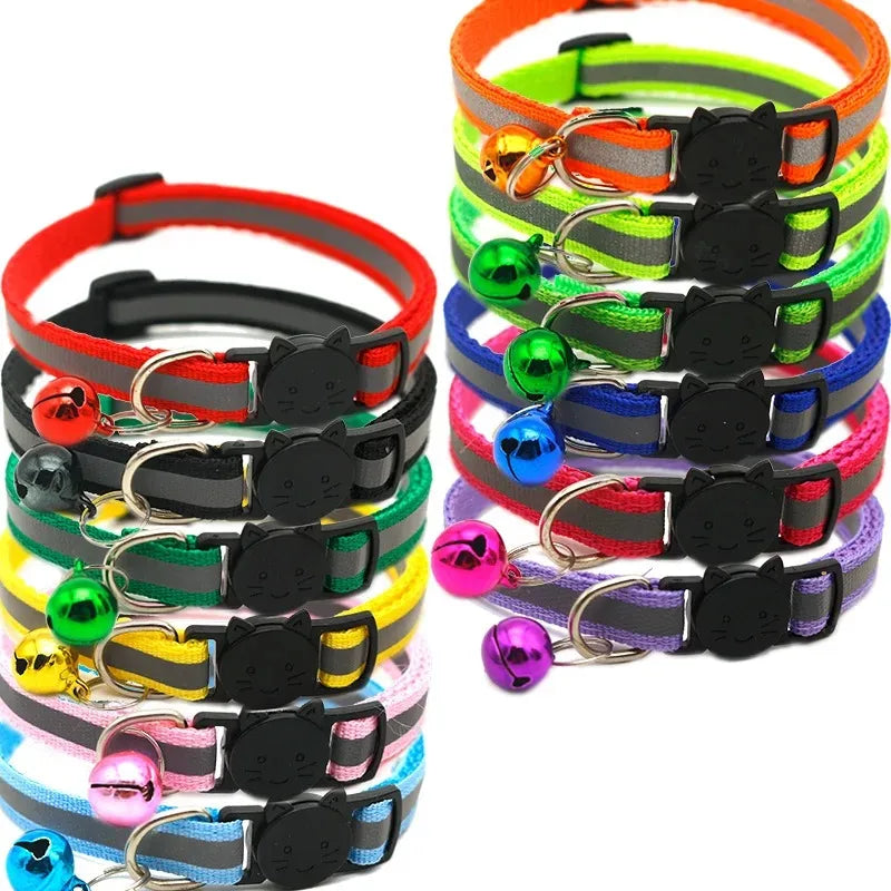 10-pack cat collars with bells, multicolor straps, black paw buckles and dangling bells