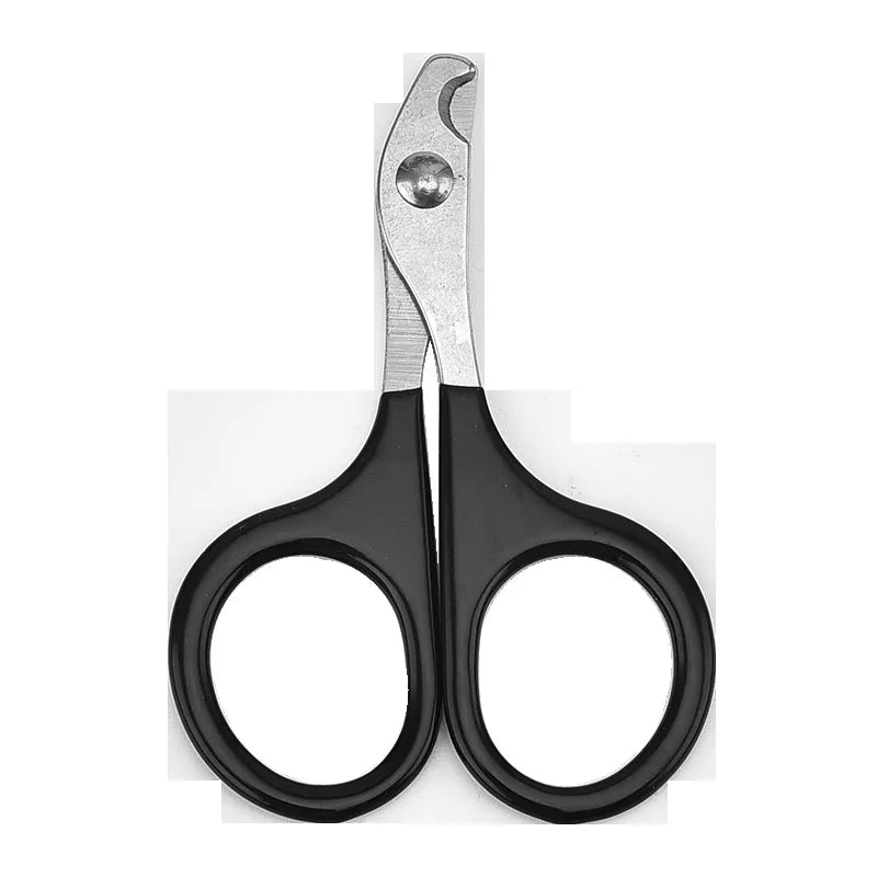 Black pet nail grooming scissors with silver cutting blades and two finger rings