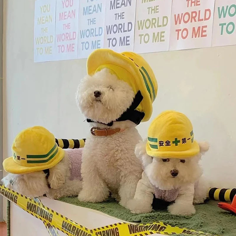 Pet safety helmet hat for dogs and cats, yellow plush with green stripe accents and cross