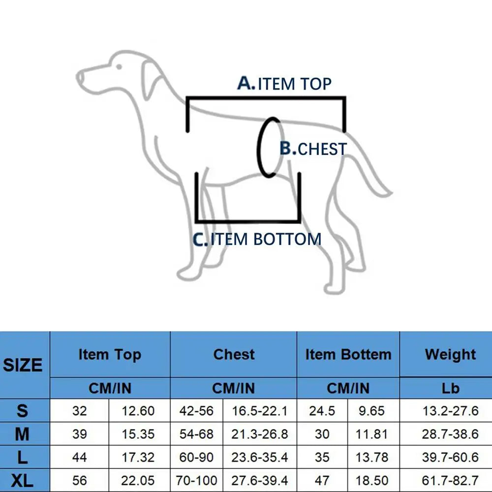 Size chart diagram for support lift dog harness vest showing chest and top/bottom measurements