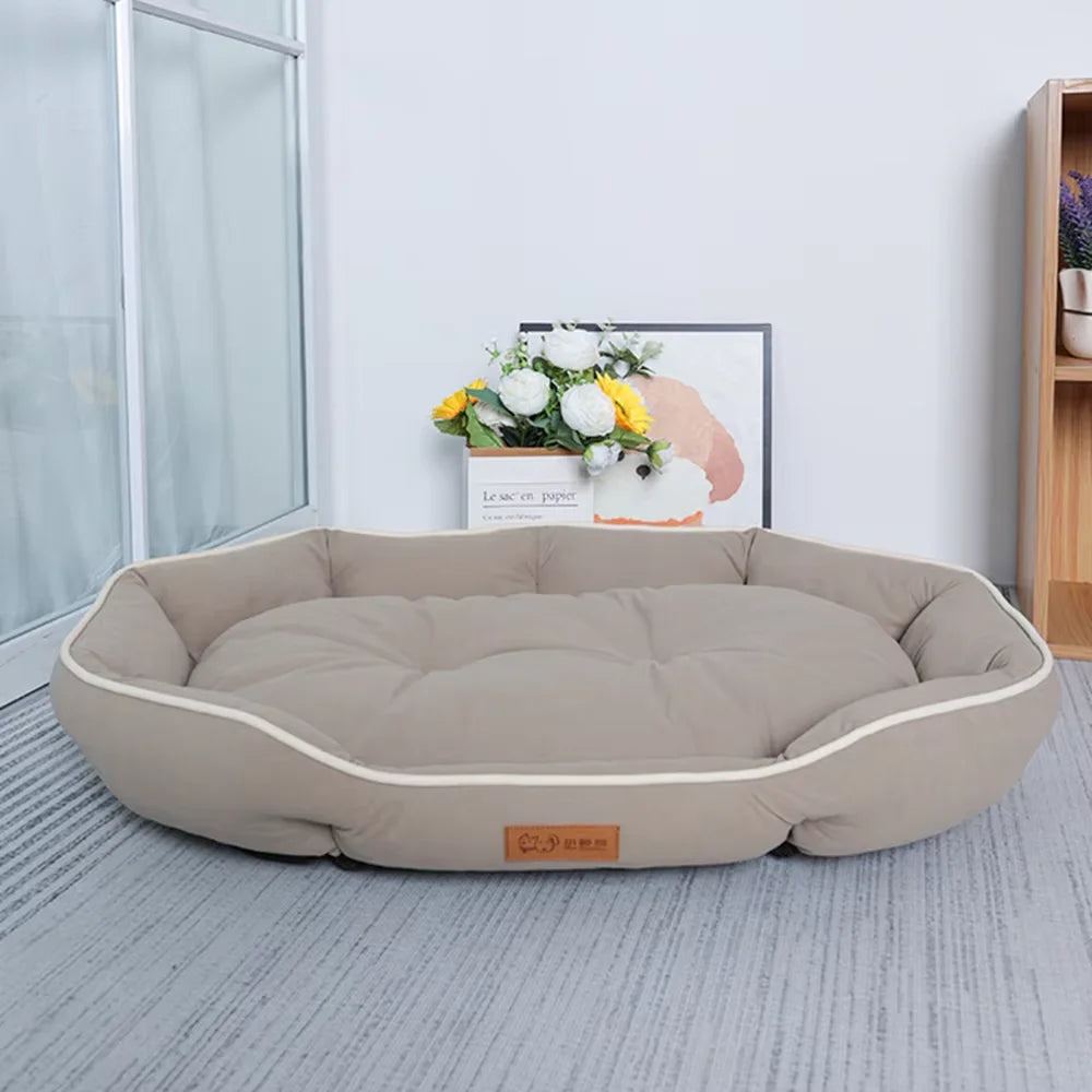 Large plush sofa bed for pets, light gray cushion with beige sides and white piping