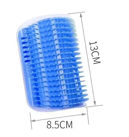 Light blue cat corner wall scratcher with curved spiked bristles and padded base