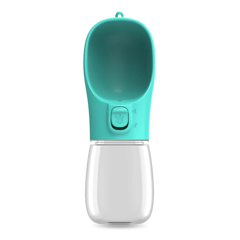 Portable leakproof water bottle for dogs, turquoise top and white base with push button