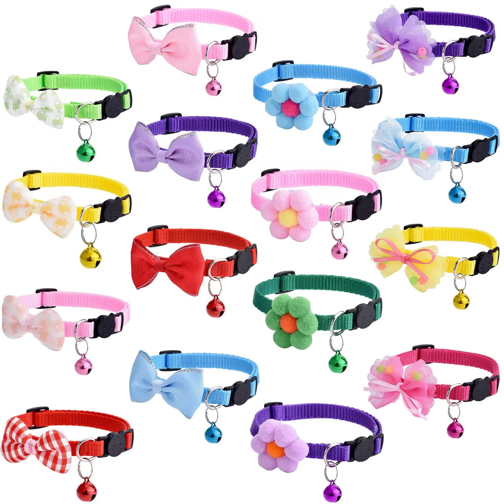 16Pcs Cute Cat Collars Bells Bow Design Kitten Girls Pack