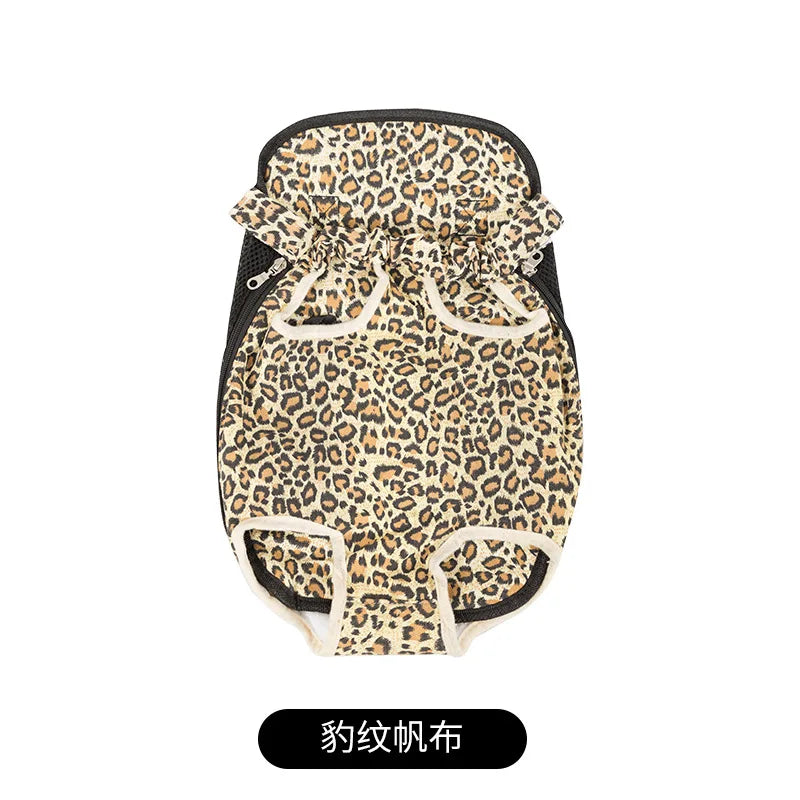 Leopard-print pet backpack with black trim and front leg openings