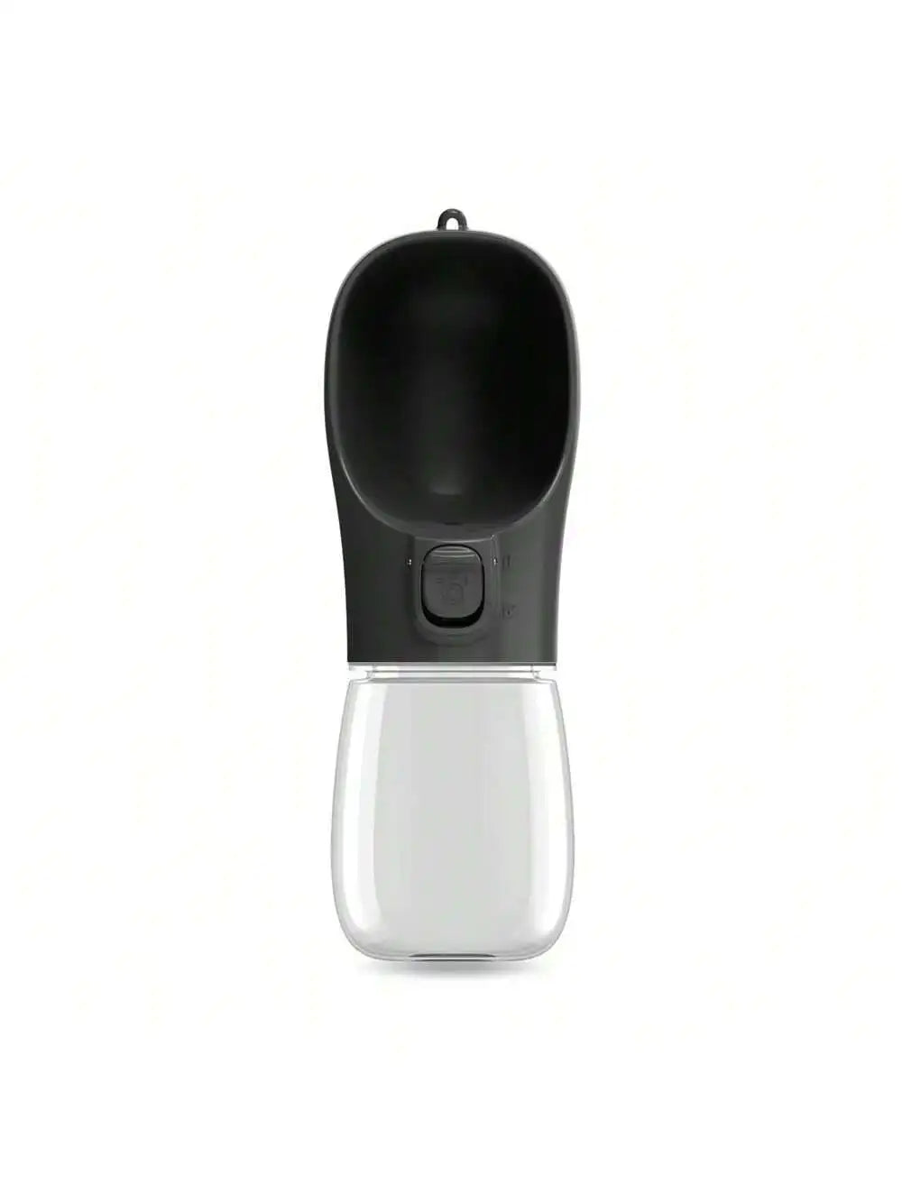 Portable pet water bottle with black top and clear lower reservoir, push button