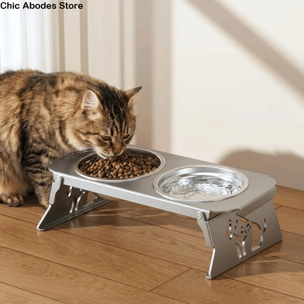 Foldable Raised Double Dog Bowl Elevated Anti-Flip Feeder
