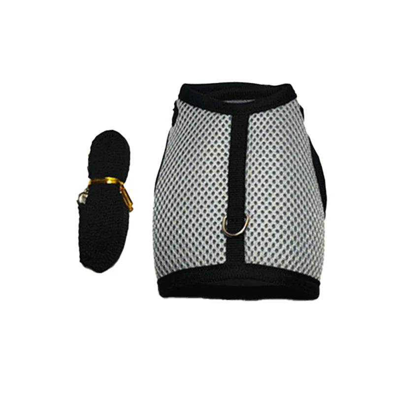 Mesh rabbit harness and leash set, gray-white mesh with black trim and short leash