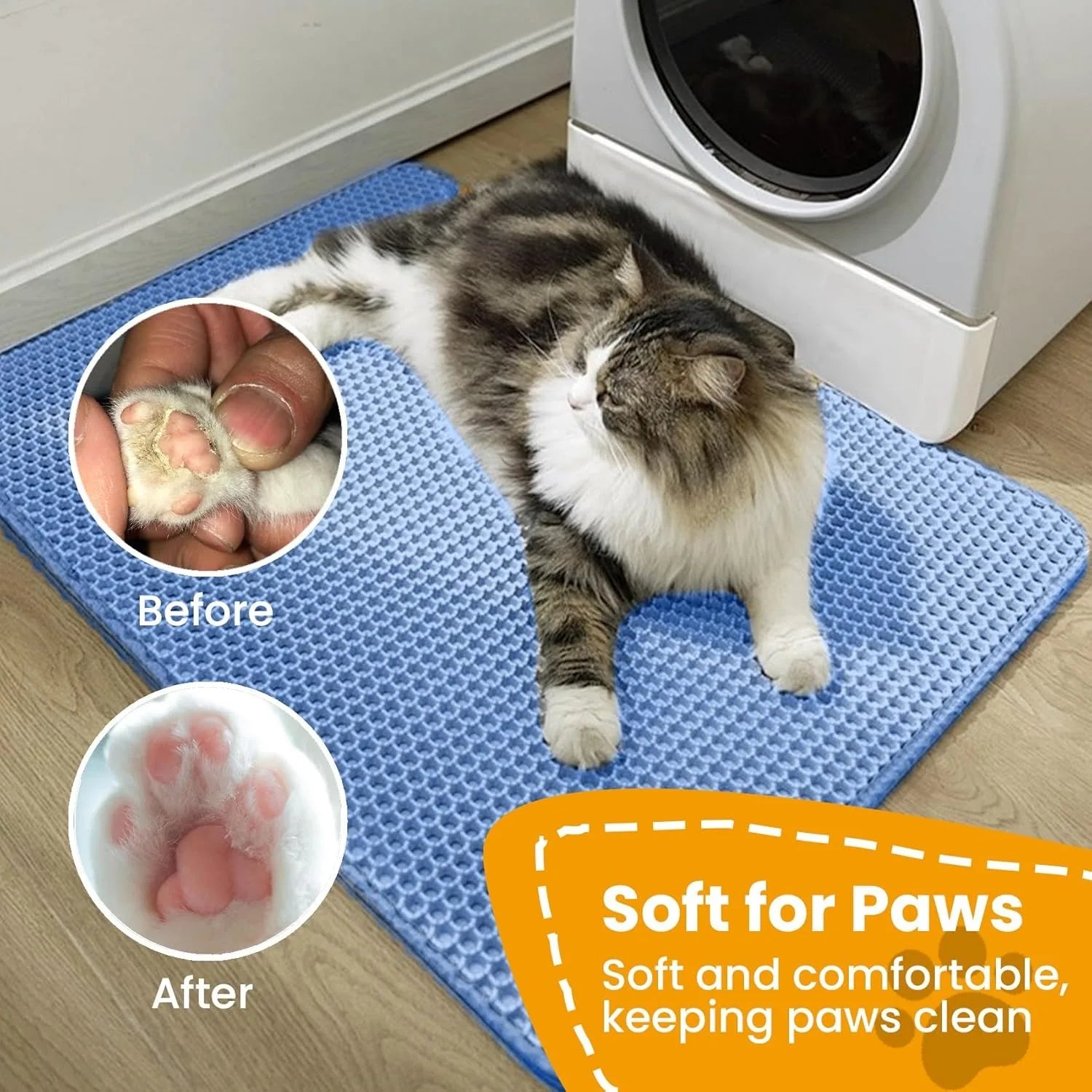 Blue cat litter box mat with honeycomb texture under a standing cat