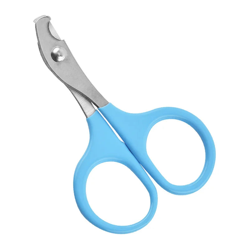 Blue pet nail clippers with curved stainless blades and dual oval grip loops