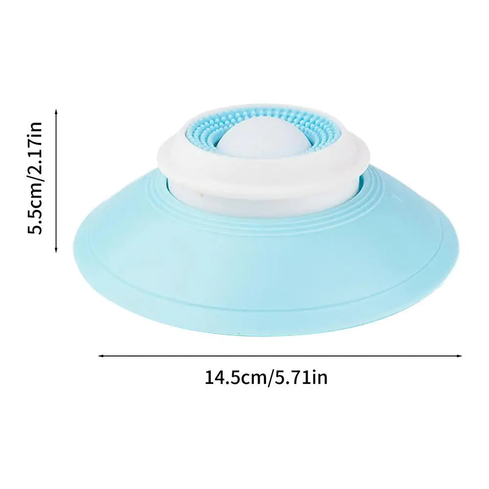 Blue interactive cat feeder toy size view, white top with blue rim and empty center