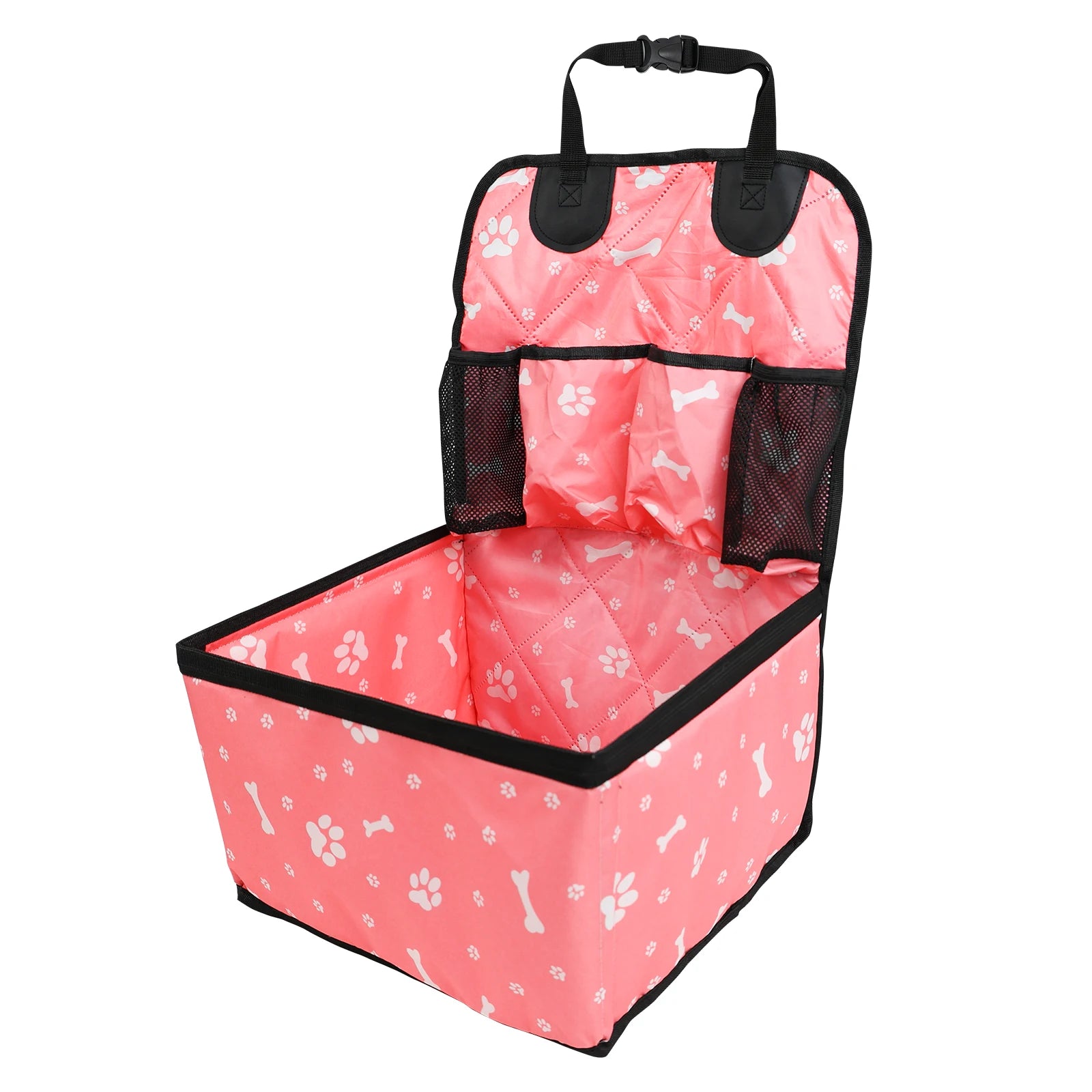 Pink pet car seat travel mat with storage pockets, two top handle straps