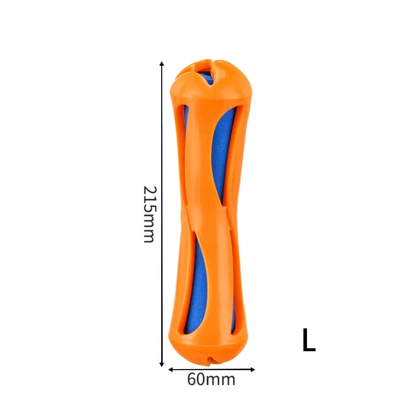 Orange L dog water float chew stick toy with blue interior accents, single view.